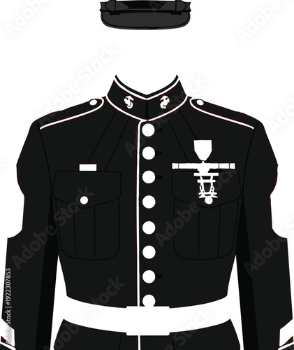 Stylized illustration of United States Marine Corps dress blue uniform with coat, belt, cover, insignia, medals, and ribbons, symbolizing tradition, discipline, honor, and service
