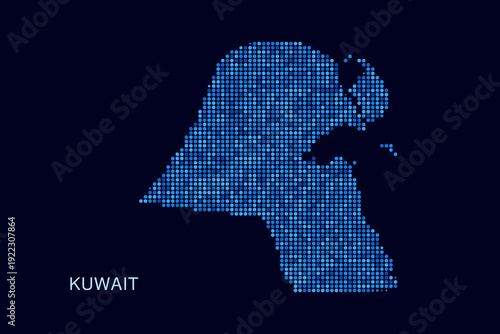 Kuwait Map - Blue Dotted Halftone Vector Illustration on Dark Navy Background, Abstract Circle Grid Silhouette Design for Infographic and Modern Presentation Use.