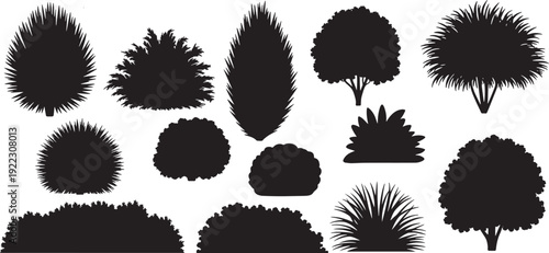 silhouette trees and shrubs collection isolated on white background vector set for landscape garden design, vector illustration