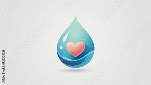 A large blue water droplet with a pink heart inside on a light gray background symbolizing love and care for the environment and health