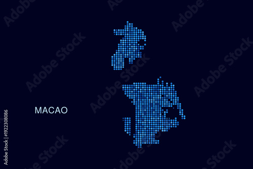 Macao Map - Blue Dotted Halftone Vector Illustration on Dark Navy Background, Abstract Circle Grid Silhouette Design for Infographic and Modern Presentation Use.