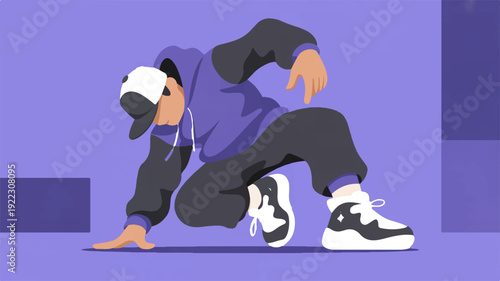 Young man dancing in a crouching position wearing a purple hoodie and black pants with white and black sneakers on a purple background with geometric shapes