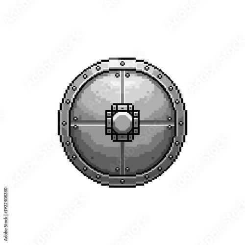 Pixelated illustration of a metallic vault door with a round handle on a white background.