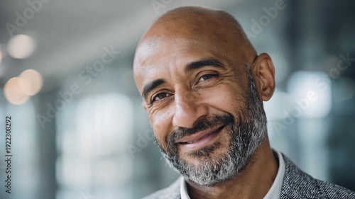 Ultra HD Confident Bald South Asian Executive Smiling in Modern Office Setting Video