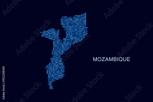 Mozambique Map - Blue Dotted Halftone Vector Illustration on Dark Navy Background, Abstract Circle Grid Silhouette Design for Infographic and Modern Presentation Use.