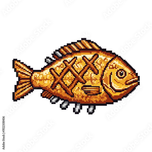 Pixel art illustration of a cooked fish with crisscross cuts on a white background