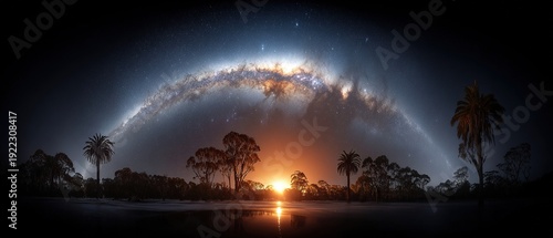 Breathtaking panoramic milky way galaxy with vibrant nebula core stretching across dark sky, for astronomy and cosmic visuals