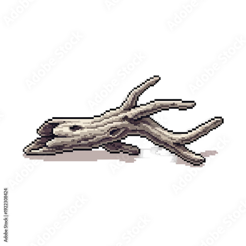 Pixelated illustration of a weathered driftwood branch on a white background