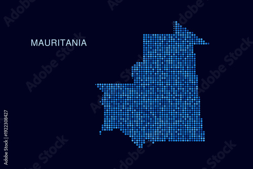 Mauritania Map - Blue Dotted Halftone Vector Illustration on Dark Navy Background, Abstract Circle Grid Silhouette Design for Infographic and Modern Presentation Use.