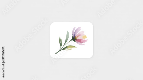 Delicate pink flower with green leaves on white background symbolizing nature and serenity in a minimalist style