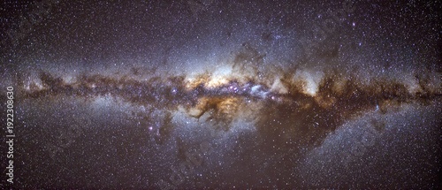 Breathtaking panoramic milky way galaxy with vibrant nebula core stretching across dark sky, for astronomy and cosmic visuals