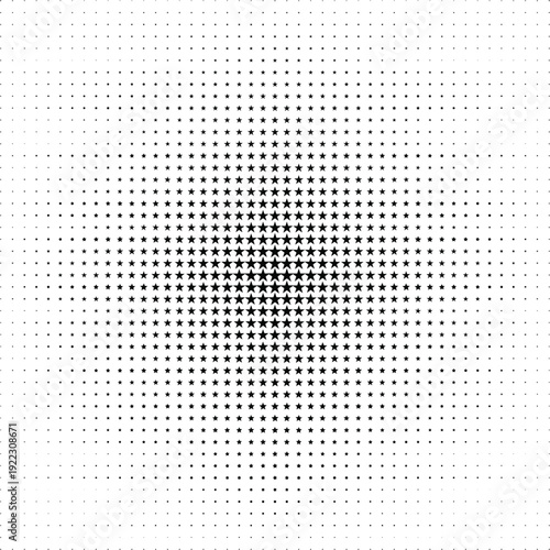 Halftone vector pattern of black stars gradually decreasing in size from the center to the edge. Lattice gradient transition. Particles disintegrating radially.