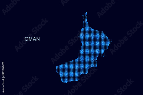 Oman Map - Blue Dotted Halftone Vector Illustration on Dark Navy Background, Abstract Circle Grid Silhouette Design for Infographic and Modern Presentation Use.