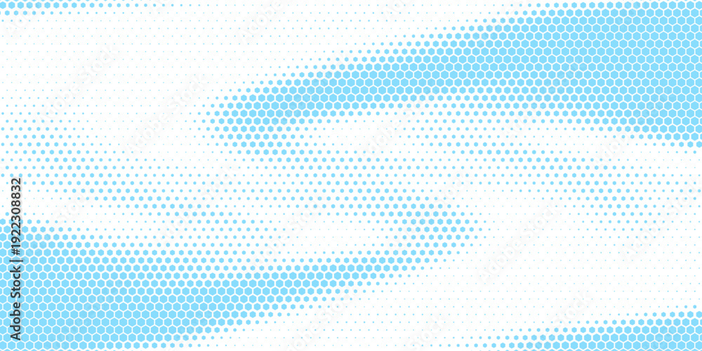 Obraz premium Abstract light blue halftone background with flowing wave shape made of hexagon and dot patterns on a clean white backdrop.