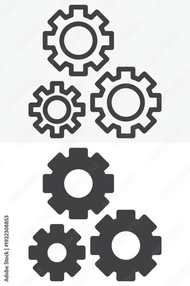 Fototapeta premium Setting gears icon set with cogwheels in line and solid styles. Outline and solid icon with editable stroke vector sign and mechanic symbol.