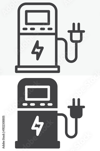 Electric fuel pump icon set with plug and fuel unit in line and solid styles. Outline and solid icon with editable stroke vector sign and energy symbol.