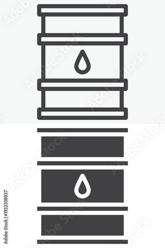 Oil barrel icon set with liquid drop in line and solid styles. Outline and solid icon with editable stroke vector sign and lubricant symbol.