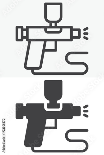 Airbrush car paint icon set with spray gun in line and solid styles. Outline and solid icon with editable stroke vector sign and body repair symbol.