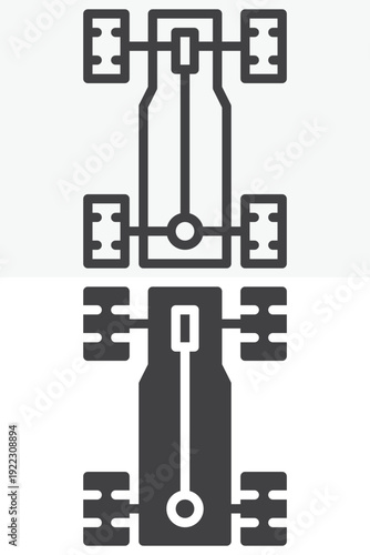 Car chassis icon set with vehicle frame in line and solid styles. Outline and solid icon with editable stroke vector sign and structure symbol.