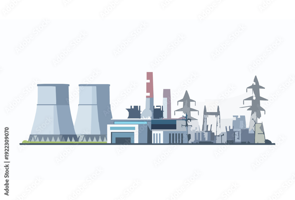 Obraz premium Modern Power Plant Generating Electricity Vector Illustration with Cooling Towers and Transmission Lines