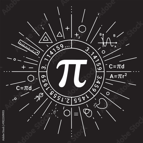 Pi Day Vector Illustration: Math Symbol Surrounded by Rays and Geometry