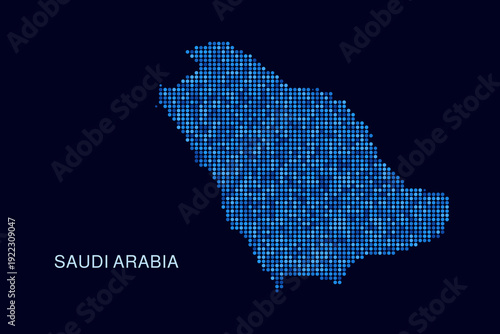 Saudi Arabia Map - Blue Dotted Halftone Vector Illustration on Dark Navy Background, Abstract Circle Grid Silhouette Design for Infographic and Modern Presentation Use.