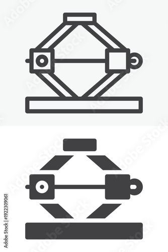 Auto car lifter icon set with hydraulic platform in line and solid styles. Outline and solid icon with editable stroke vector sign and mechanic symbol.