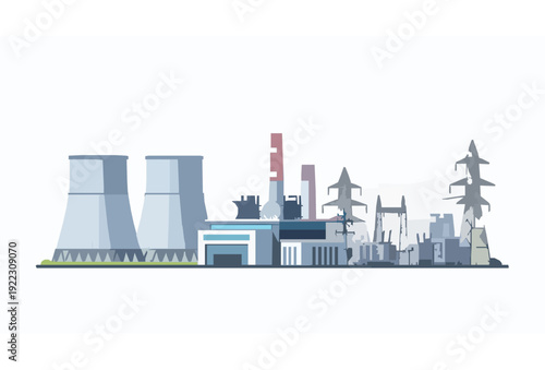 Modern Power Plant Generating Electricity Vector Illustration with Cooling Towers and Transmission Lines
