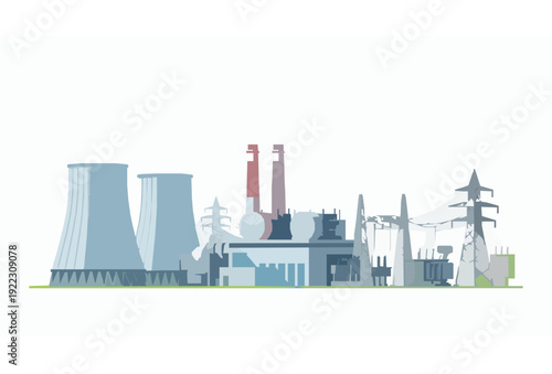 Modern Power Plant Generating Electricity Vector Illustration with Cooling Towers and Transmission Lines