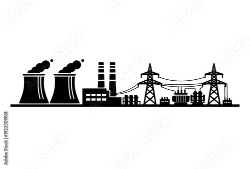 Power Station Silhouette Vector with Electricity Generation and Energy Infrastructure Symbols