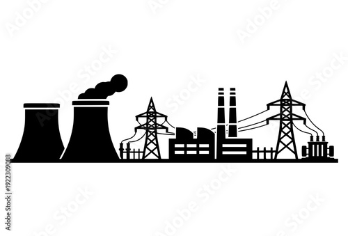 Power Station Silhouette Vector with Electricity Generation and Energy Infrastructure Symbols