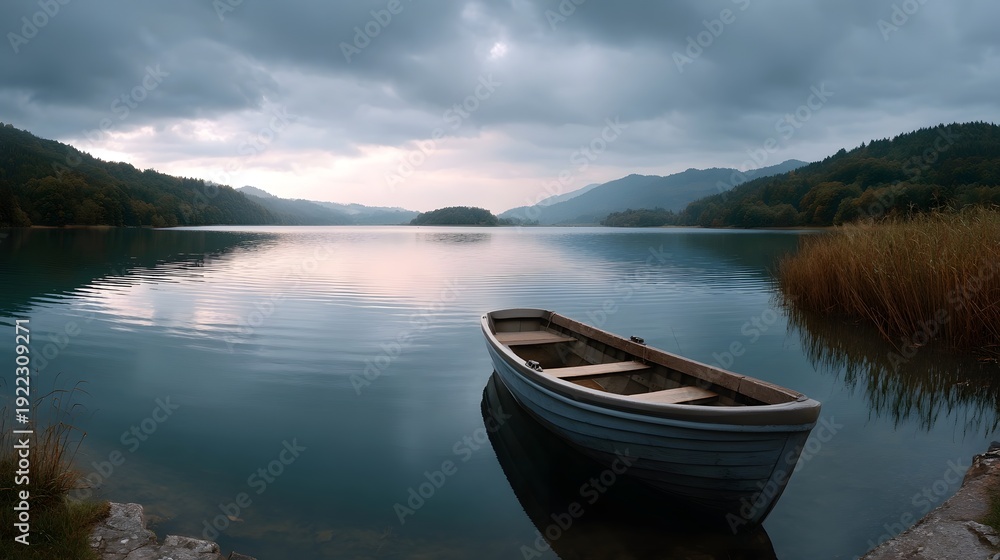 Obraz premium A solitary boat rests on a serene moody lake surrounded by forested hills under an overcast sky