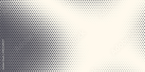 Abstract beige and gray halftone background with geometric dot and hexagon patterns fading into a clean empty space.
