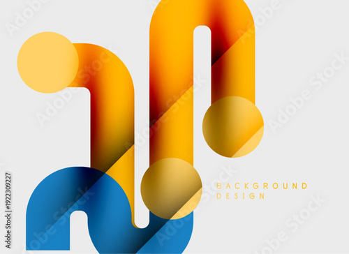 Abstract shapes overlap, creating vibrant gradient effect. Modern design utilizes warm, cool colors, simple geometry. Background feels dynamic.