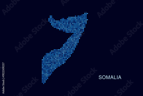 Somalia Map - Blue Dotted Halftone Vector Illustration on Dark Navy Background, Abstract Circle Grid Silhouette Design for Infographic and Modern Presentation Use.