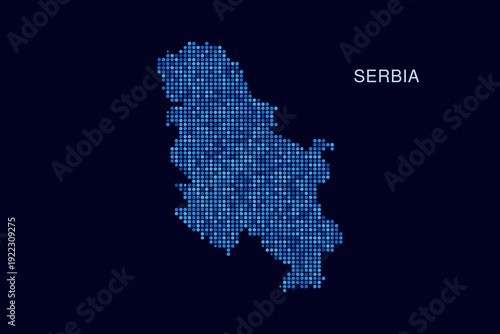 Serbia Map - Blue Dotted Halftone Vector Illustration on Dark Navy Background, Abstract Circle Grid Silhouette Design for Infographic and Modern Presentation Use.