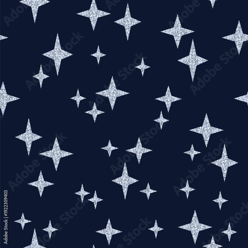 Seamless pattern with silver four pointed stars on black background.