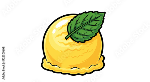 A vibrant yellow lemon with a green leaf on top is centered on a plain white surface viewed from directly above in a simple illustration style