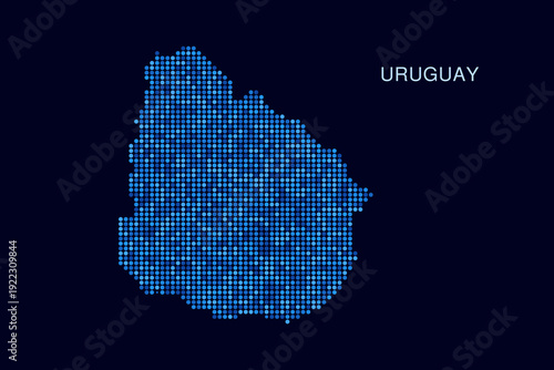 Uruguay Map - Blue Dotted Halftone Vector Illustration on Dark Navy Background, Abstract Circle Grid Silhouette Design for Infographic and Modern Presentation Use.