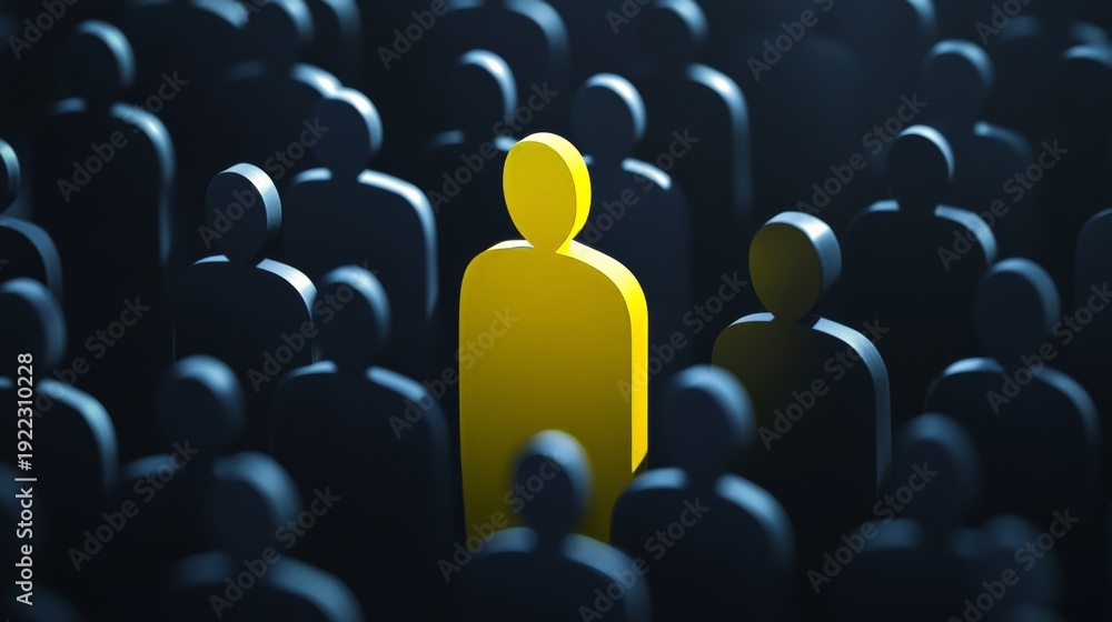 Fototapeta premium Yellow figure stands out among dark figures in crowd, highlighting individuality and uniqueness in social settings