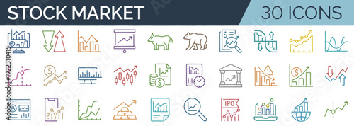 Collection of diverse stock market icons representing various financial trends and data analysis tools in a modern flat design style