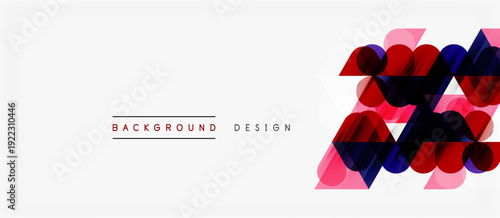 Abstract geometric shapes, pinks, blues overlap. Minimalist design with text elements. Clean white background provides contrast.