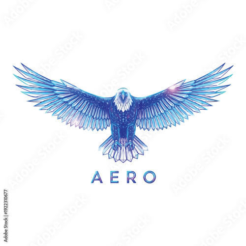 Vibrant blue eagle with outstretched wings and crystal texture flying high