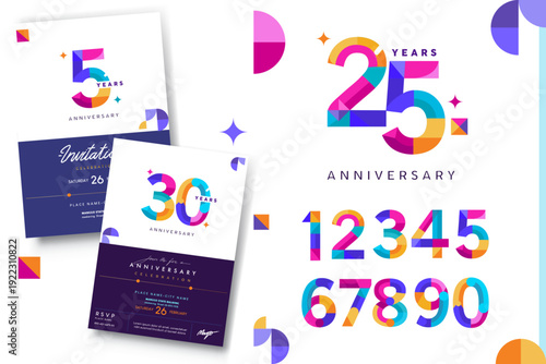 Colorful Anniversary number set with modern geometric style. Includes multiple milestone numbers 10th - 100th anniversaries and invitation layout design, for celebrating in corporate events, brands.