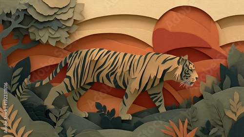 Paper cutout tiger walking through layered paper jungle. Suitable for children's book illustrations, wildlife themed designs, and exotic travel brochures.