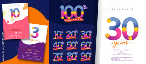 Playful anniversary number collection, Includes multiple milestone numbers 10th - 100th anniversaries and invitation layout design, for celebrating in corporate, brands events.