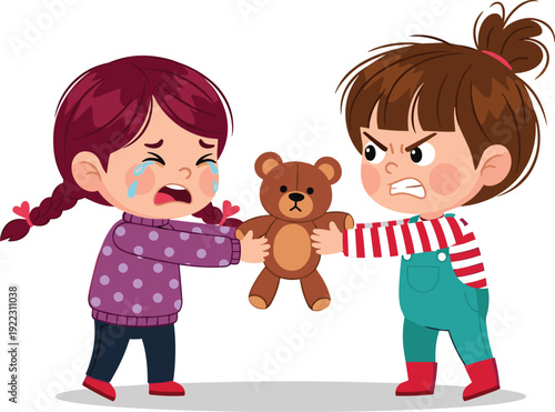 Vector illustration of two little girls fighting over a teddy bear with one crying and the other angry for conflict resolution education concepts