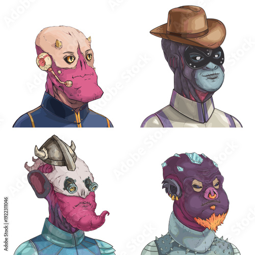 Cool alien avatar pack of horned demon, gorilla soldier, strange scout and spiked punk vector cartoon illustration set