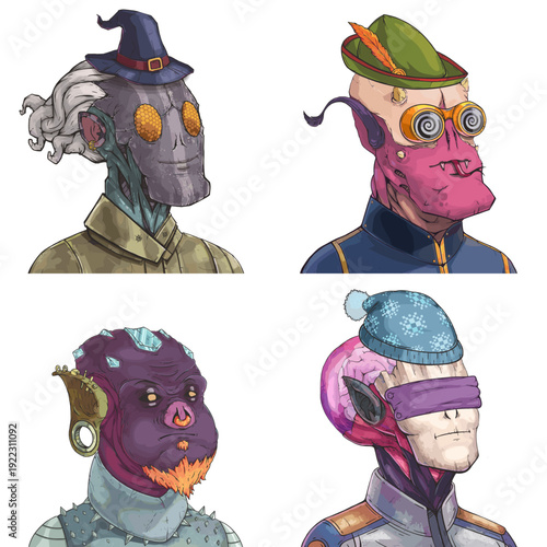 Bizarre alien avatar pack of dreadlocked hunter, horned demon, spiked punk and big-brained psychic vector cartoon illustration set