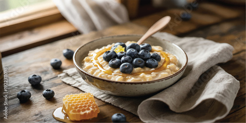 Delicious oatmeal with blueberries honey and honeycomb on wooden table by window